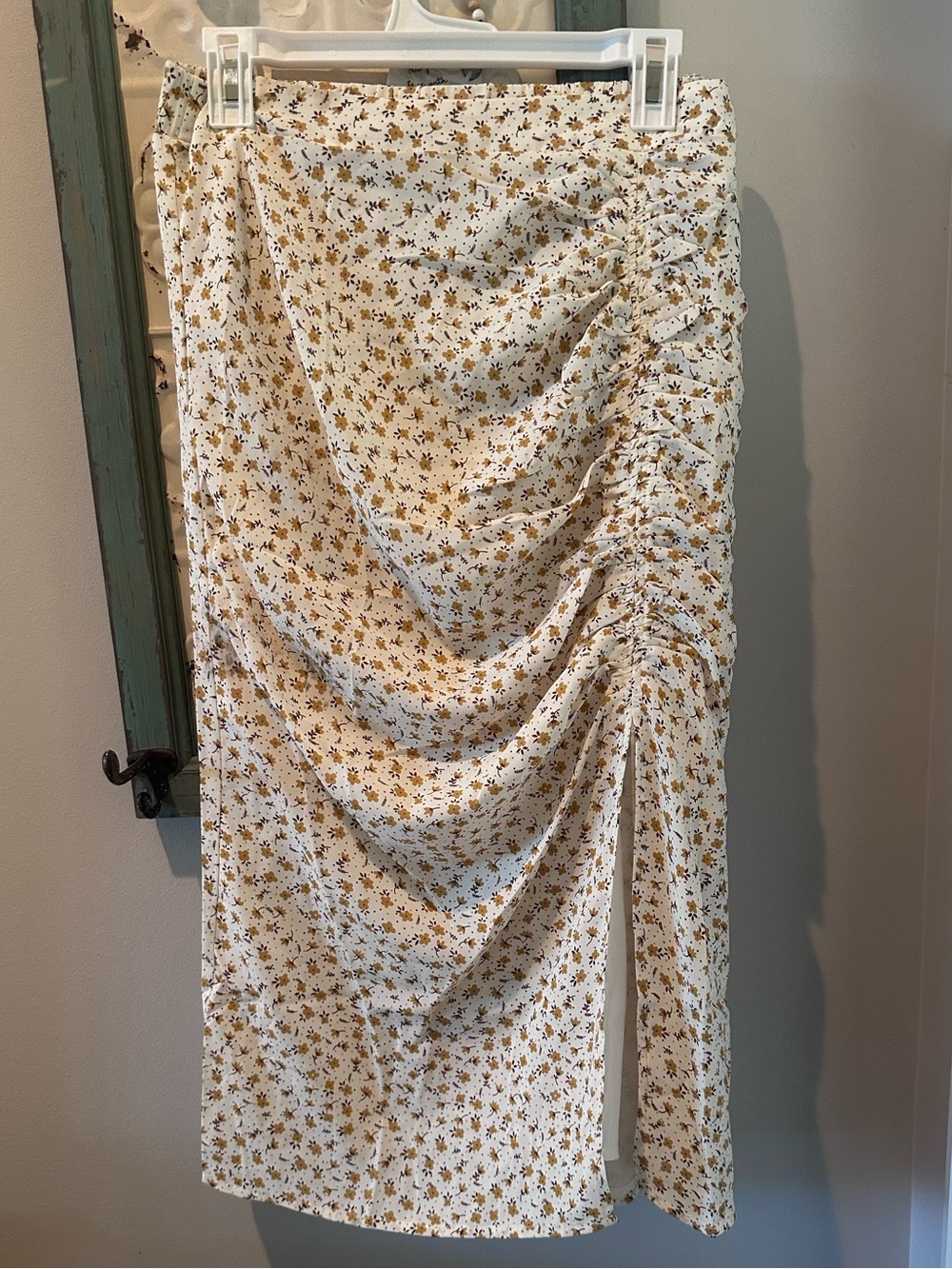 Floral Ruched Midi Skirt Women’s Large Cottagecore Side Slit